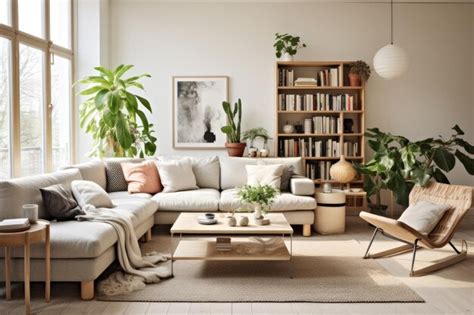 Premium AI Image | A living room with a couch, coffee table, and plants.