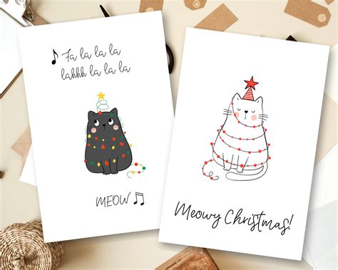 4 Pack Printable Cat Holiday Cards Cat Christmas Cards Meowy Christmas ...