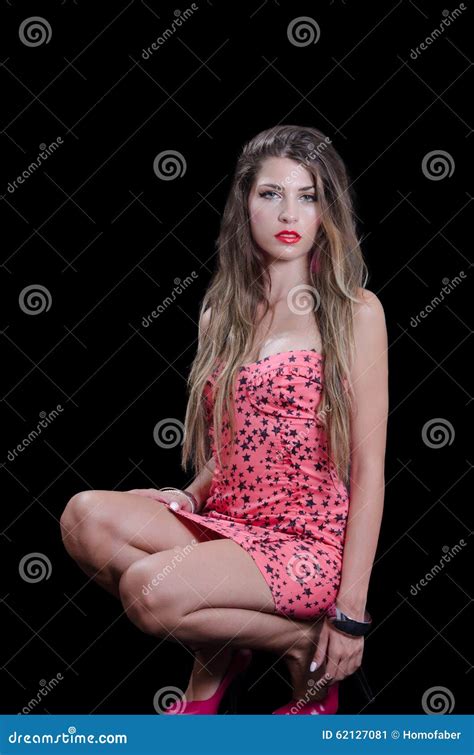 Woman With Very Long Hair Wearing Black Stars Print Short Dress Stock ...