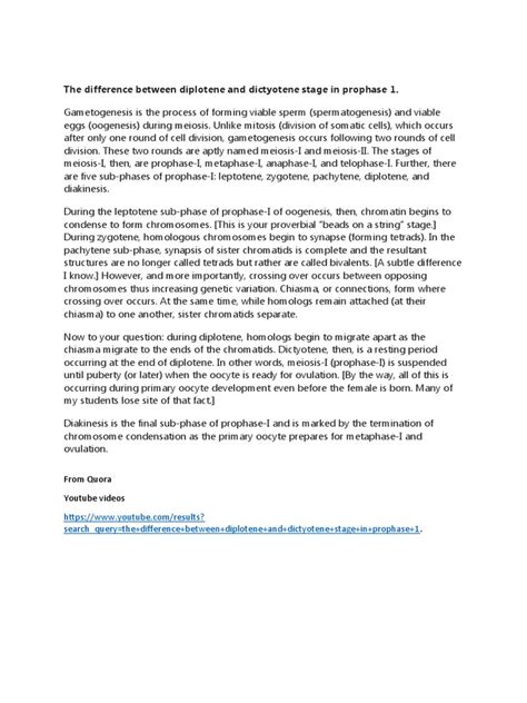 The Difference Between Diplotene and Dictyotene Stage in Prophase 1 | PDF