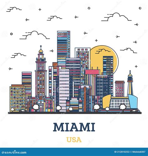 Outline Miami Skyline With Blue Buildings. Cartoon Vector ...