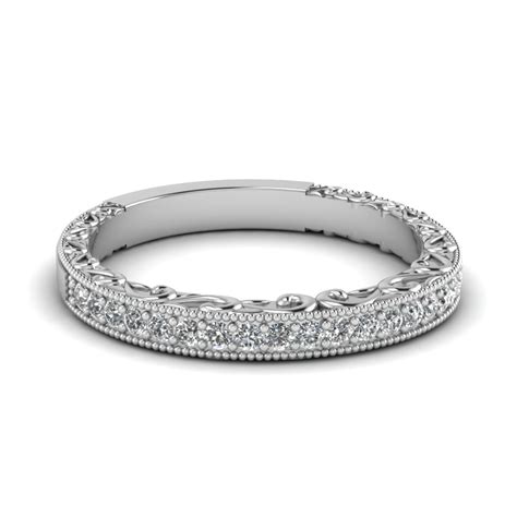 Milgrain Hand Engraved diamond Wedding Band In 18K White Gold | Fascinating Diamonds