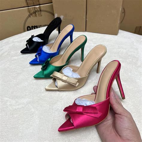 Elegant Female Hot Pink Satin Heeled Slipper Ladies Stiletto Heels Bow ...