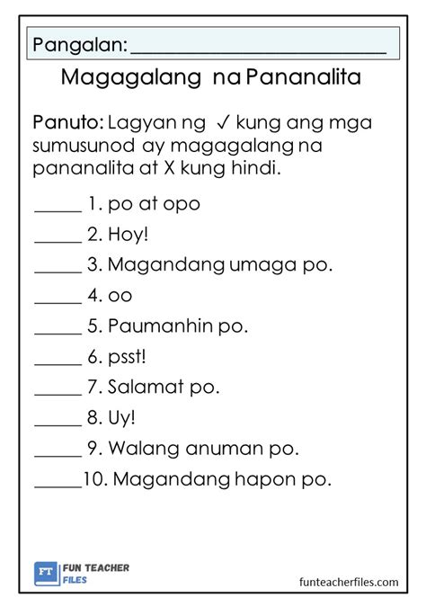 Magagalang na Pananalita Worksheets Set 1 - Fun Teacher Files