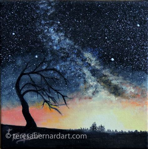 Starry Night with Lone Scraggly Tree - Teresa Bernard Oil Paintings