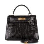 HERMÈS | BLACK SELLIER KELLY 28CM OF SHINY MISSISSIPPIENSIS ALLIGATOR WITH GOLD HARDWARE ...