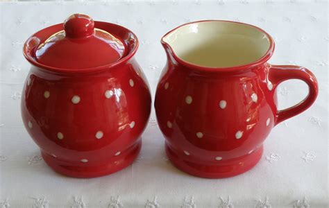 Creamer and Sugar Bowl Red With White Polka Dots USA