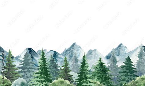 Mountain landscape seamless border. Watercolor illustration. Hand drawn realistic wild nature ...