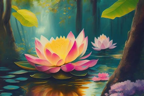 Premium AI Image | A painting of a lotus flower in a pond