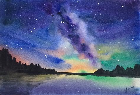 ORIGINAL Watercolor Landscape Painting 5x7 Milky way Galaxy