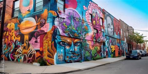 Street Art Scene: A vibrant urban setting with colorful graffiti murals. Generative ai. Stock ...