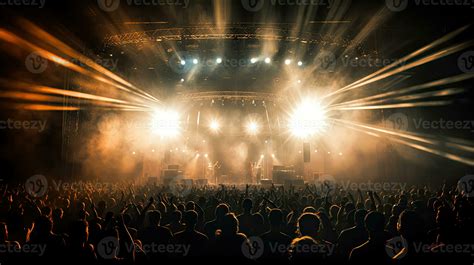 Silhouette of concert crowd in front of bright stage lights. Dark background, smoke, concert ...