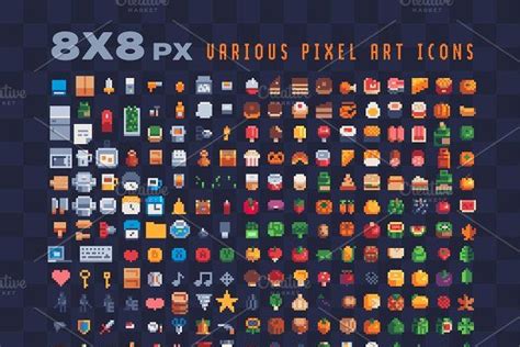 8x8px various pixel art icons set. | Art icon, Pixel art, Pixel art games