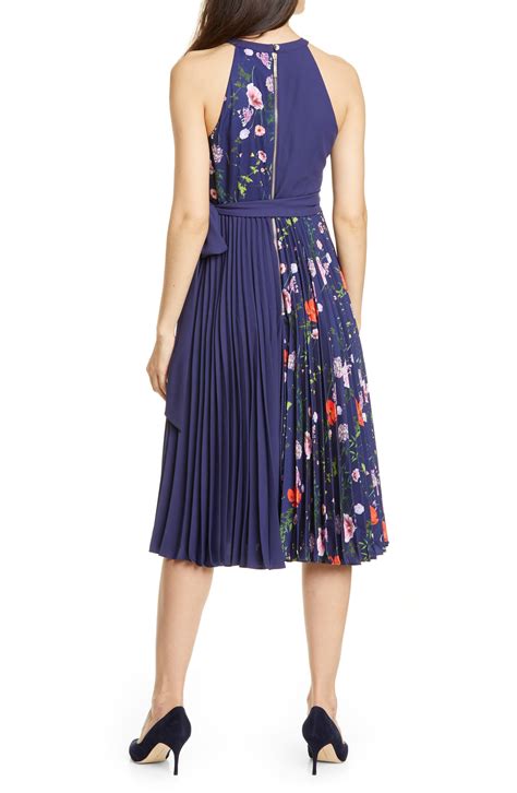 Ted Baker Synthetic Hedgerow Floral Pleated Halter Dress in Dark Blue (Blue) - Lyst