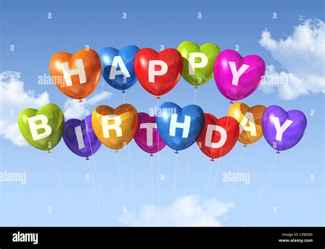 colored Happy Birthday heart shape balloons floating in the sky Stock Photo - Alamy