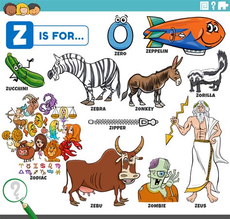 letter z words educational set with cartoon characters 9205755 Vector ...