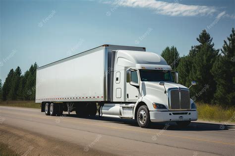 Premium AI Image | A white semi truck on the road with a trailer on the side