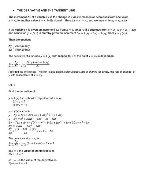 THE Derivative AND THE Tangent LINE - • THE DERIVATIVE AND THE TANGENT LINE The increment ∆𝑥 of ...