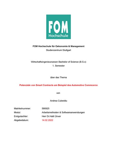 Formatvorlage FOM Hausarbeit - FOM Hochschule für Oekonomie & Management Studienzentrum - Studocu