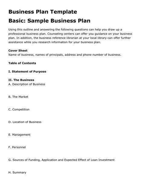 Free Printable Business Plan Template Form (GENERIC)