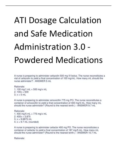 ATI Dosage Calculation and Safe Medication Administration 3.0 - Powdered Medications - ATI ...