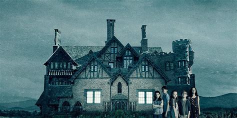 three people standing in front of a creepy looking house with dark clouds behind them and the ...