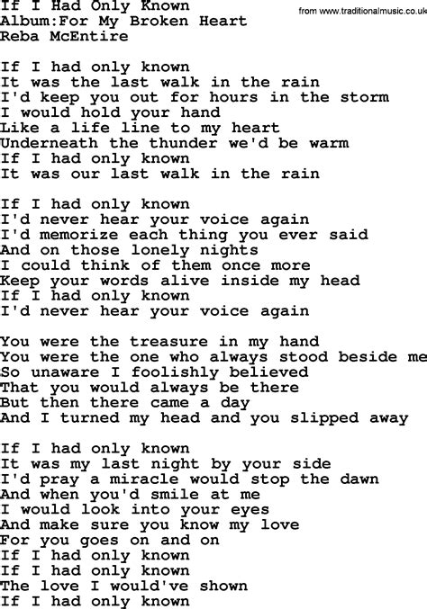 If I Had Only Known, by Reba McEntire - lyrics