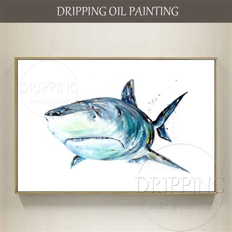 Artist Pure Hand painted The Great Animal Big White Shark Oil Painting on Canvas Marine Animal ...