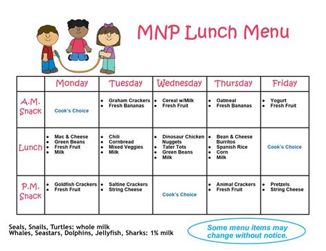 Lunch and Snack Menu - MISSION NAZARENE PRESCHOOL