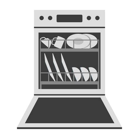 Open dishwasher with dishes clipart vector illustration. Simple modern stainless steel fully ...