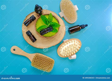 Peppermint Salt.natural Bristle Body Brushes, Green Sea Salt in a Round Wooden Bowl and Sprigs ...