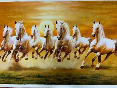 Seven Lucky Running Vastu Horses Painting Wall Art Print On Canvas Painting For Home Decor ...