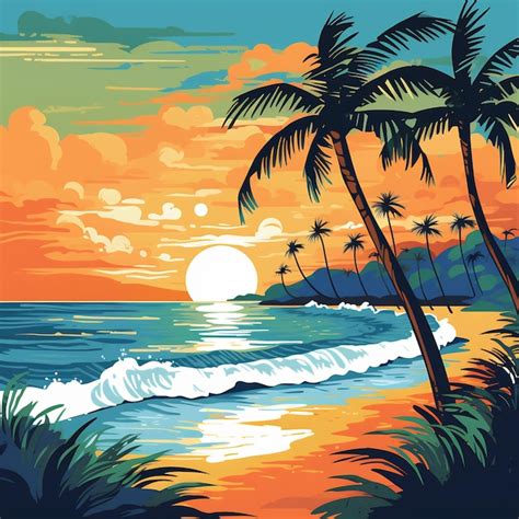 Premium AI Image | a painting of palm trees and the sun setting in the ...