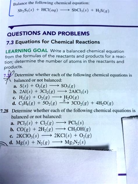 SOLVED: Balance the following chemical equation: Sb2S3(s) + 6HCl(aq) â†’ 2SbCl3(s) + 3H2S(g ...