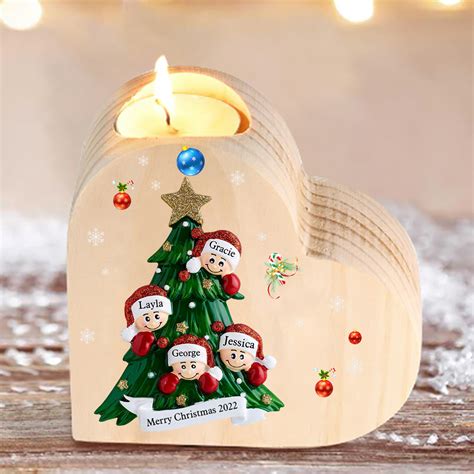 Heart-Shaped Christmas Candle Holder Engraved 4 Names Christmas Tree ...