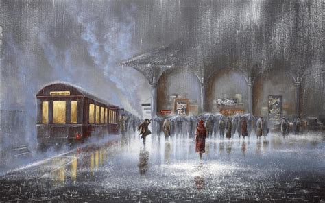 Rainy day - beautiful painting people in the rain station Wallpaper ...