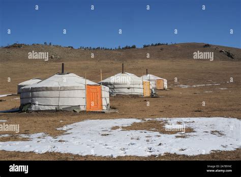 Traditional Mongolian Yurta in Orkhon province mountains landscape ...