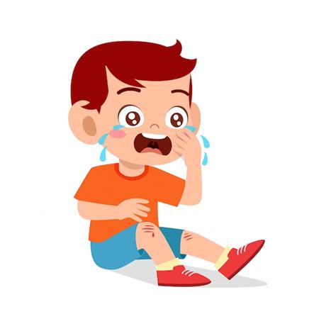 Premium Vector | Sad cry cute kid boy knee hurt bleed