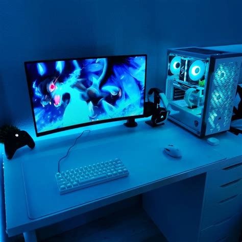 White and blue gaming setup | Gaming room setup, Gaming setup, Game room design