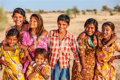 Group Of Happy Indian Children, Desert Village, India Stock Photo ...