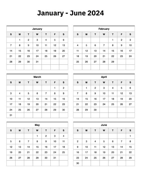 January to June 2024 Calendar - A Printable Calendar