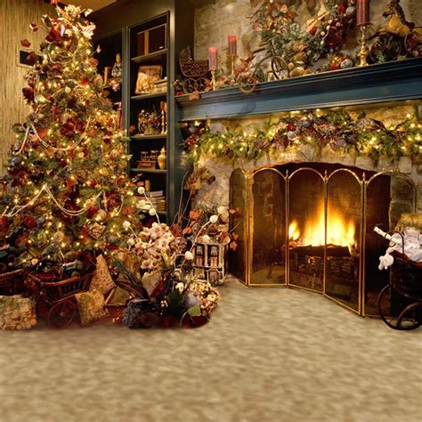 Indoor Fireplace Christmas Tree Photography Background Vintage Printed Kids Toys Gifts Holiday ...