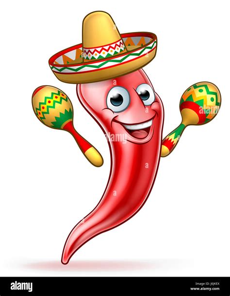 A red chilli pepper cartoon character wearing a Mexican sombrero straw hat and holding maracas ...