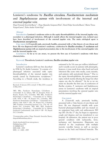 (PDF) Case report Lemierre's syndrome by Bacillus circulans, Fusobacterium nucleatum and ...