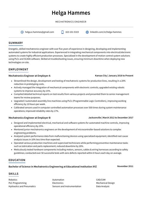 Mechatronics Engineer Resume (CV) Example and Writing Guide