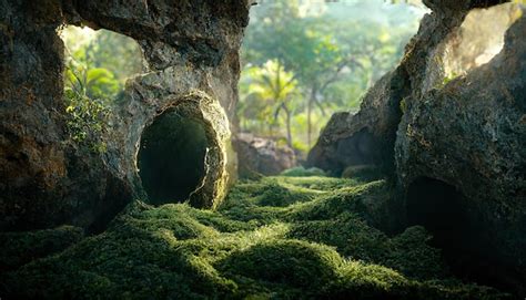 Premium Photo | Cave entrance with green trees grass moss and hanging vines