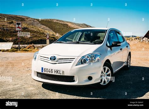 White color Toyota Auris car on Spain nature landscape. The Toyota ...