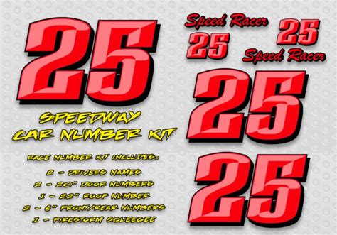 Red Speedway Race Car Numbers Decal Kit Racing Graphics, Race Car Lettering