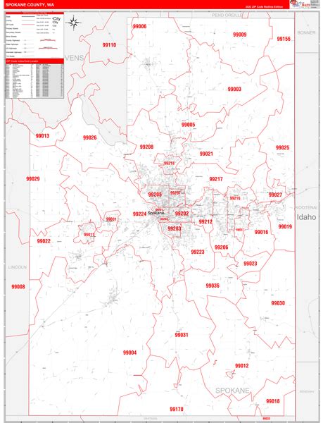 Spokane County, WA Zip Code Wall Map Red Line Style by MarketMAPS - MapSales