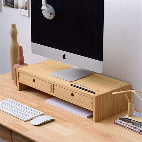 Kirigen Wood Monitor Stand with 2 Drawers - Computer Arm Riser Desk ...